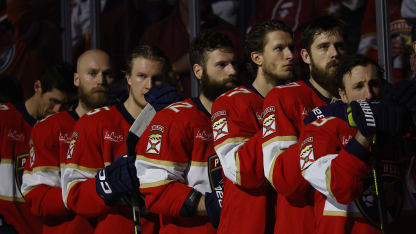 The Florida Panthers stand on the bench for the national anthems prior to hosting the Edmonton Oilers in Game Three of the 2025 Stanley Cup Final at the Amerant Bank Arena on June 9, 2025 in Sunrise, Florida. (Photo by Eliot J. Schechter/NHLI via Getty Images)